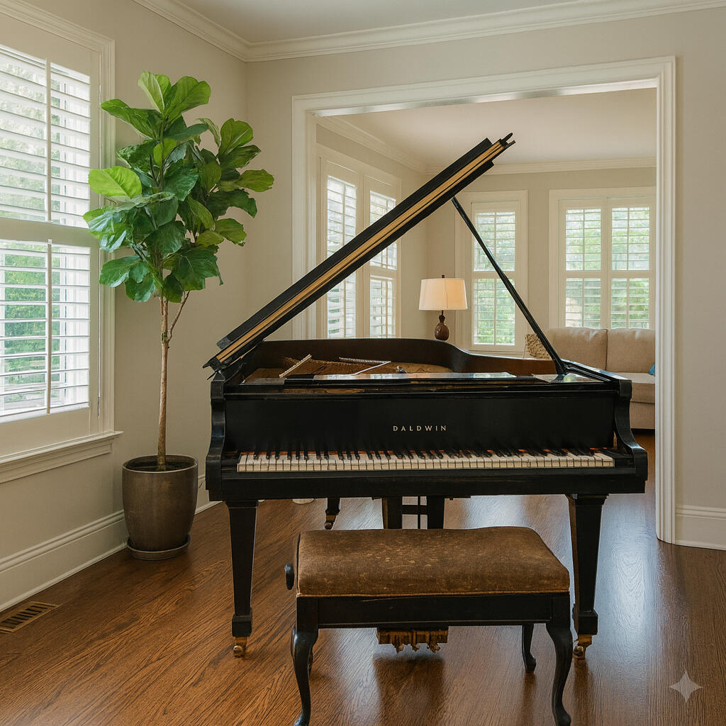We move Spinet Pianos in NC photo of a Spinet piano in a house